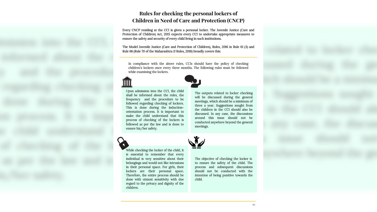 rules for checking the personal lockers of children in need of care and protection (CNCP)